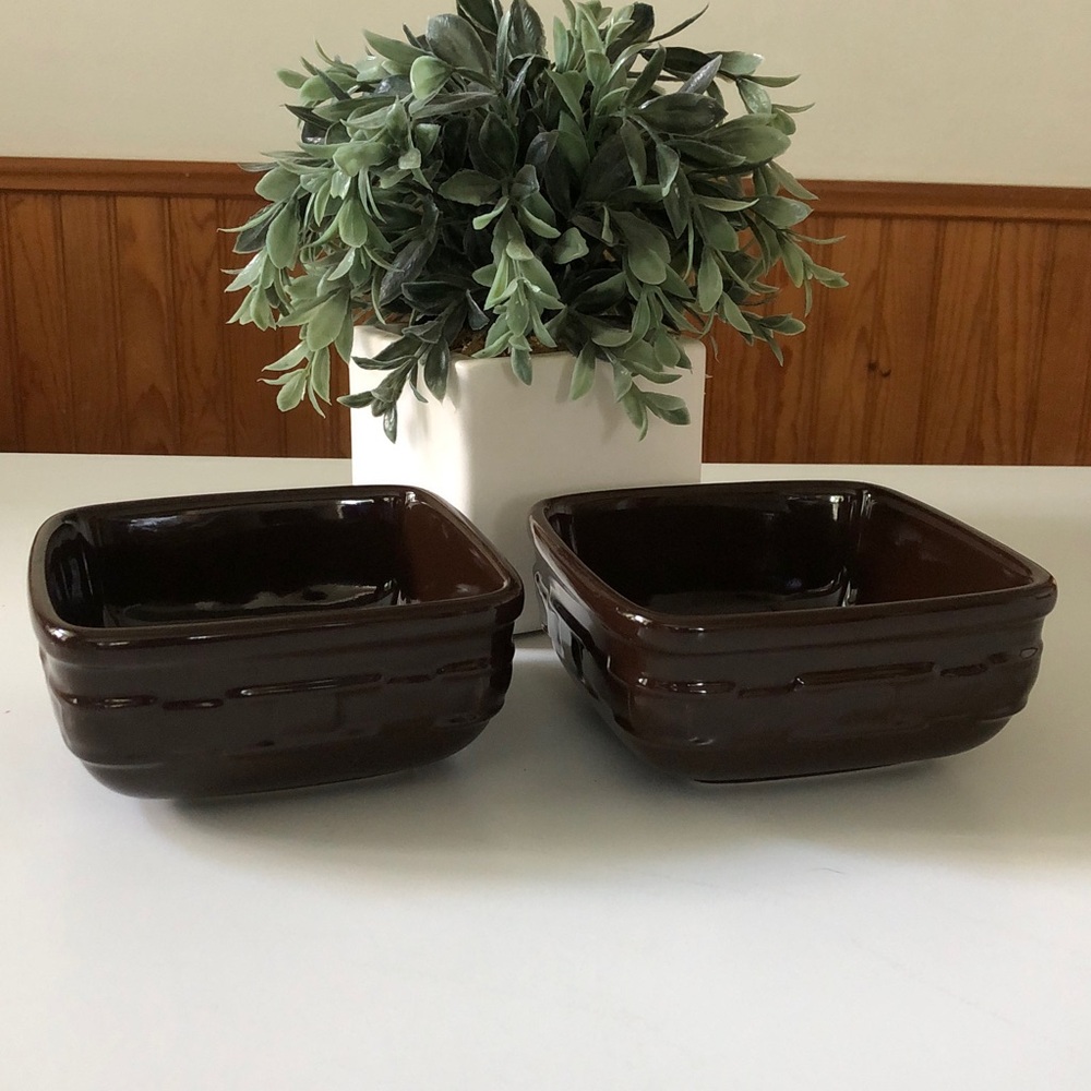 Set 2 Longaberger Pottery square bowls classic Woven Traditions chocolate brown